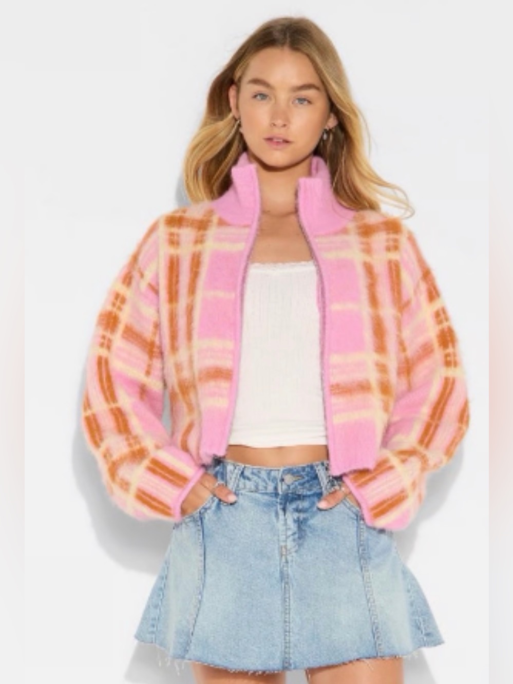 Wild Fable Plaid Cropped Full Front Zip Sweater-Xxs - Coquette Feminine Y2k Nwt